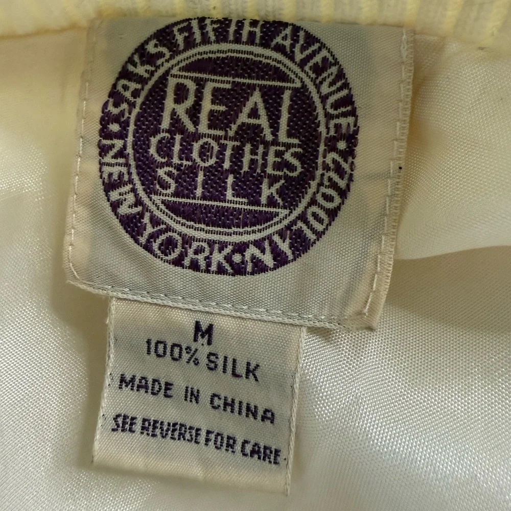Vintage Saks Fifth Avenue Quilted Silk Bomber Jacket 90s Ivory Cream Women’s M - Picture 11 of 14